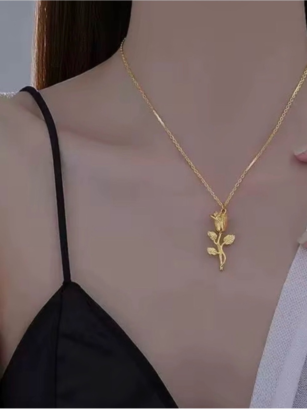 Gold Plated Rose Pendant Necklace Stainless Steel - Picture 3 of 5
